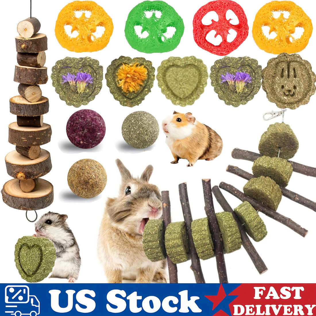 14pcs bunny chew toys hay wood