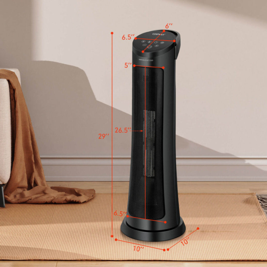 1500W PTC Ceramic Electric Space Heater, 29 in. Portable Tower Space Heater with Remote Control for Office, Bedroom, Large Room