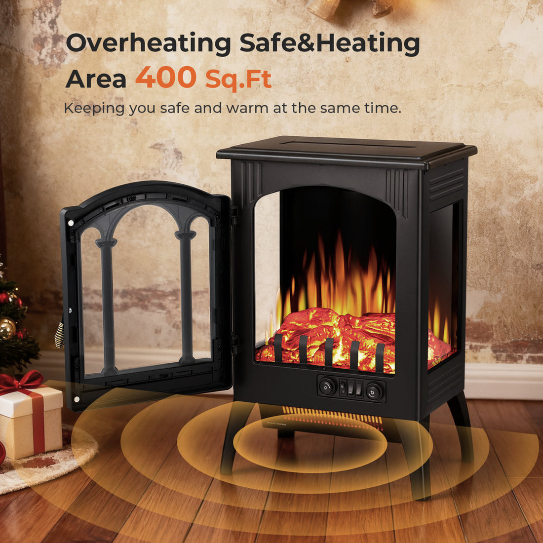 16 Electric Fireplace Stove Heater - 1500W Infrared, 2 Heat Modes, Thermostat & Overheat Protection