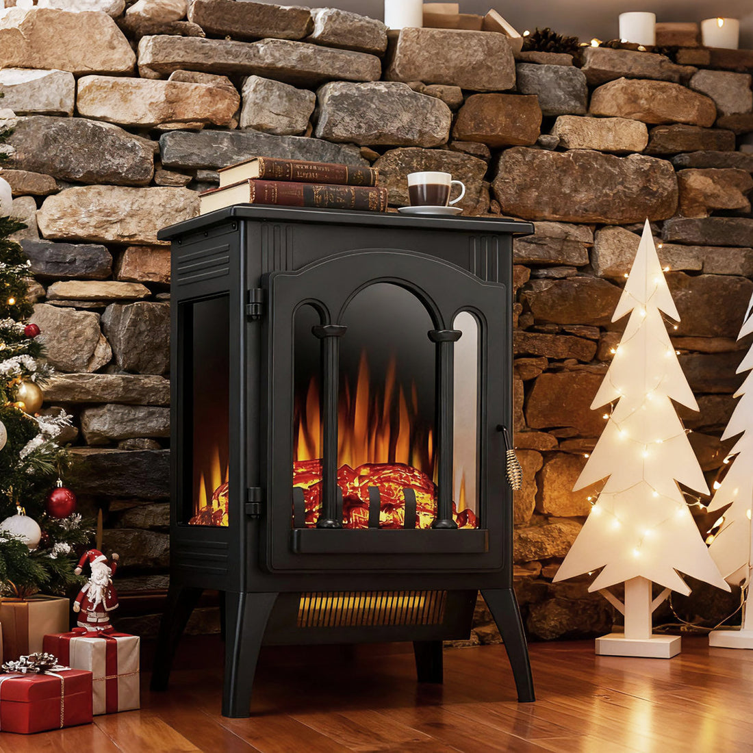 16 Electric Fireplace Stove Heater - 1500W Infrared, 2 Heat Modes, Thermostat & Overheat Protection