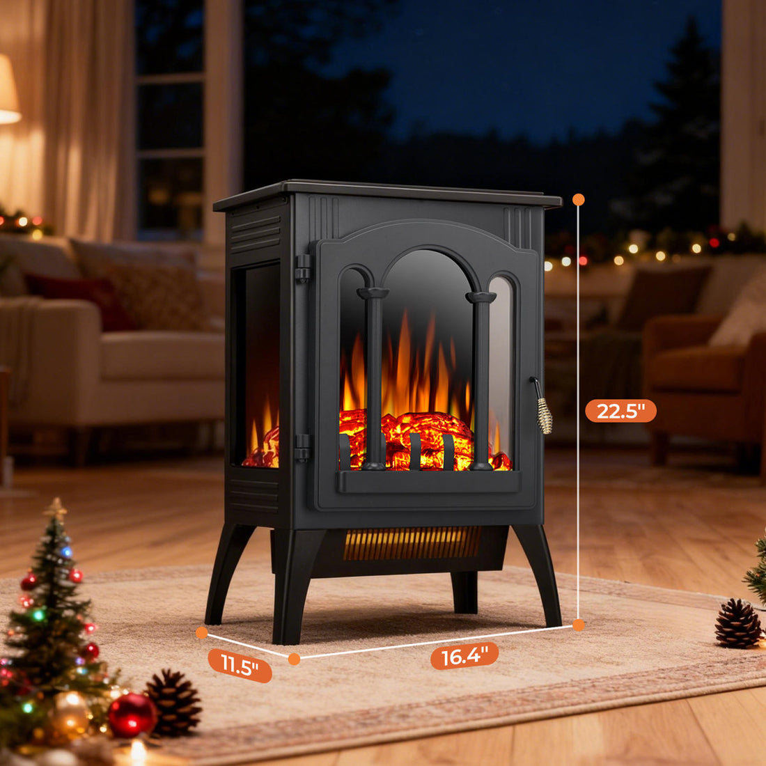 16 Electric Fireplace Stove Heater - 1500W Infrared, 2 Heat Modes, Thermostat & Overheat Protection