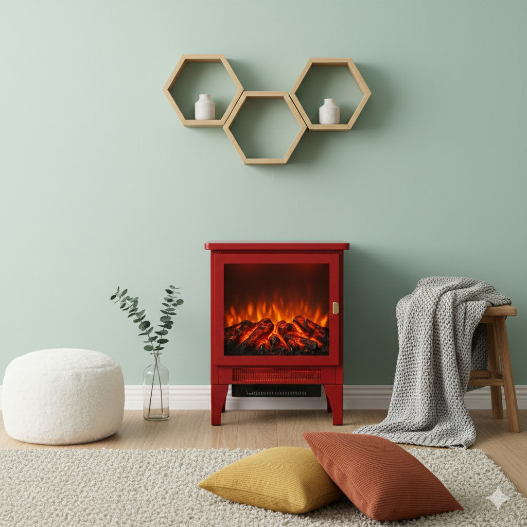 17 Inch Freestanding Electric Fireplace Stove Heater With 3D Flame Effect,Classic Red