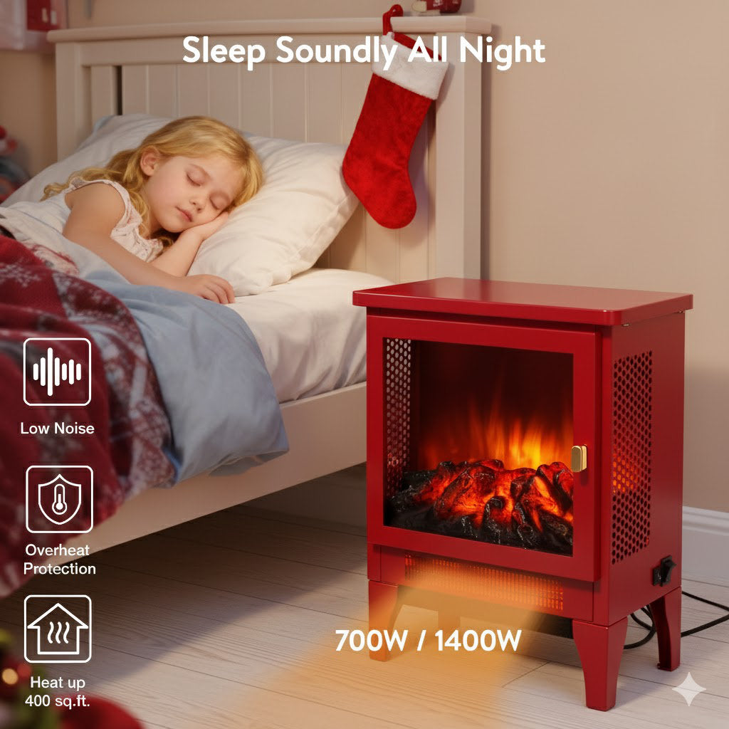 17 Inch Freestanding Electric Fireplace Stove Heater With 3D Flame Effect,Classic Red