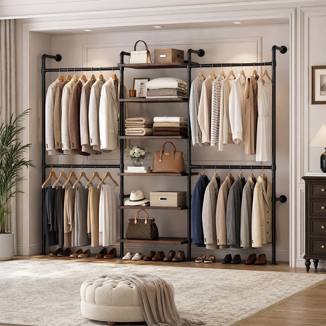 wall-mounted bedroom wardrobe, retro industrial style duct clothing rack with 6 wooden shelves and 4 . bedroom furniture wardrobe storage - furniture