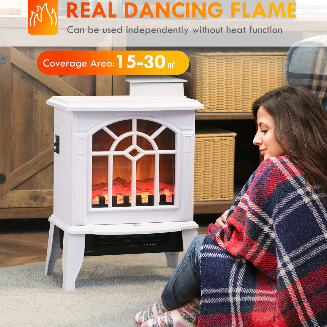 18 Electric Heater Fireplace, Flame-Effect Heating Unit Display Visualization, 750W/1500W Adjustable, Portable, Overheat Protected, White, Adds Ambiance And Comfort To Home