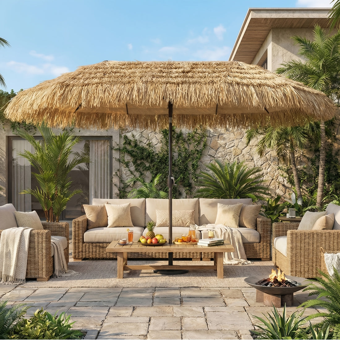 13ft triple head thatch patio umbrella