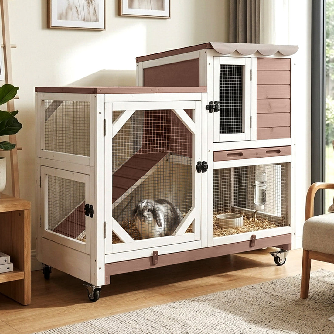 2-Story Wooden Rabbit Hutch Indoor Outdoor, Bunny Cage with Wheels, Chew-Proof Ramp & Pull Out Leak-Proof Trays for Rabbits, Guinea Pigs & Small Animals