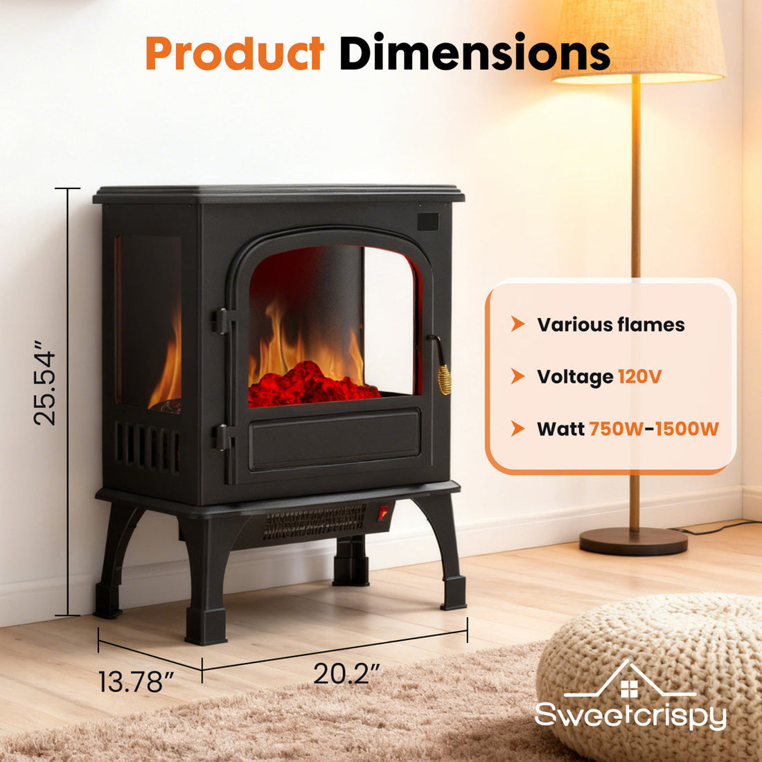 26 Freestanding Vintage Cabinet Style Electric Fireplace Stove with Remote Control & 3D Realistic Flame Effect
