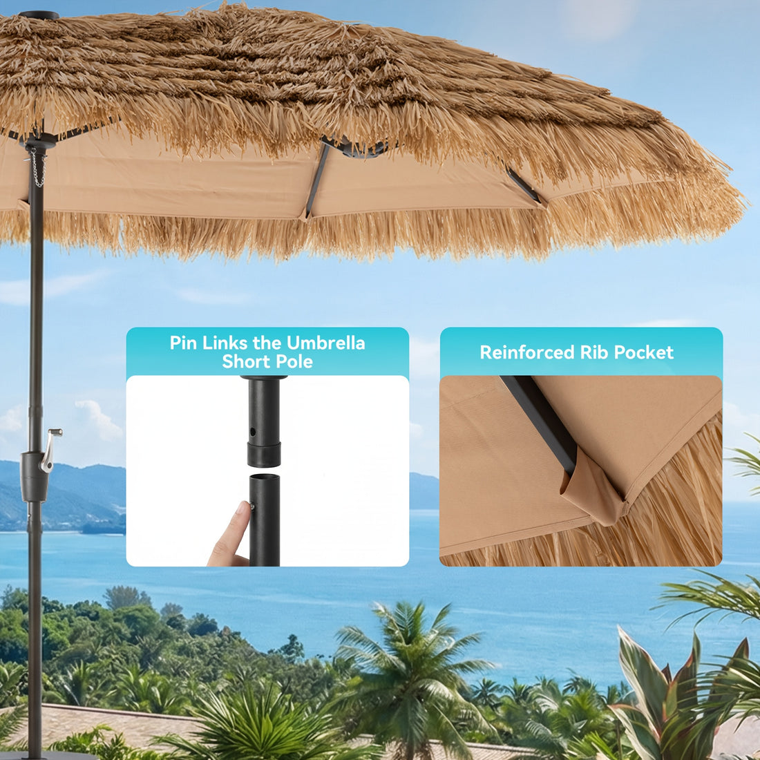 13ft triple head thatch patio umbrella