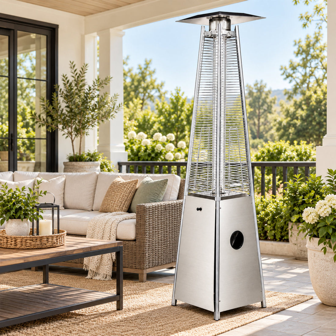 40,000 BTU Stainless Steel Pyramid Propane Patio Heater with Quartz Glass Tube and Wheels