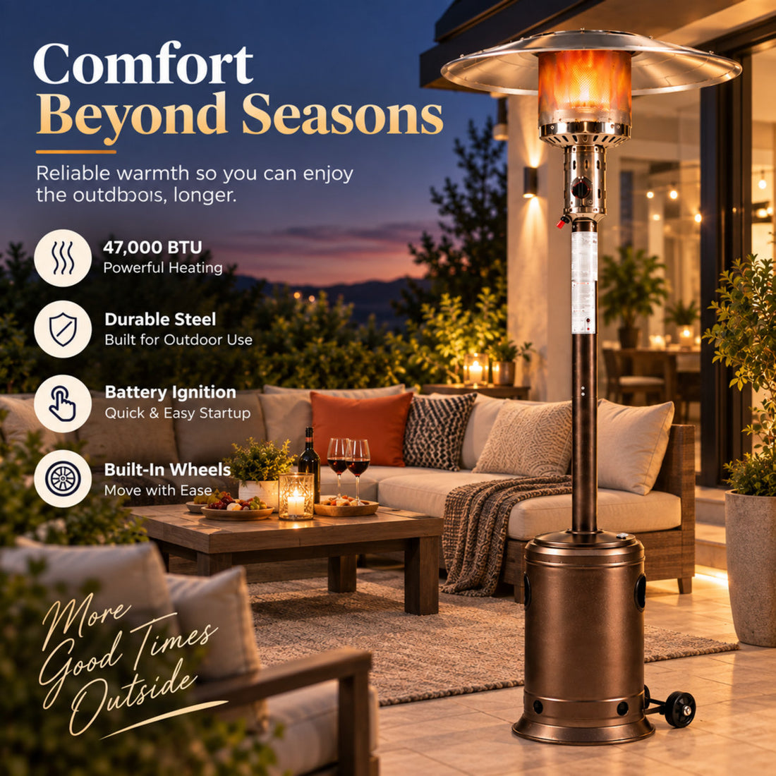 47,000 BTU Standing Patio Heater with Wheels and Adjustable Heat Control