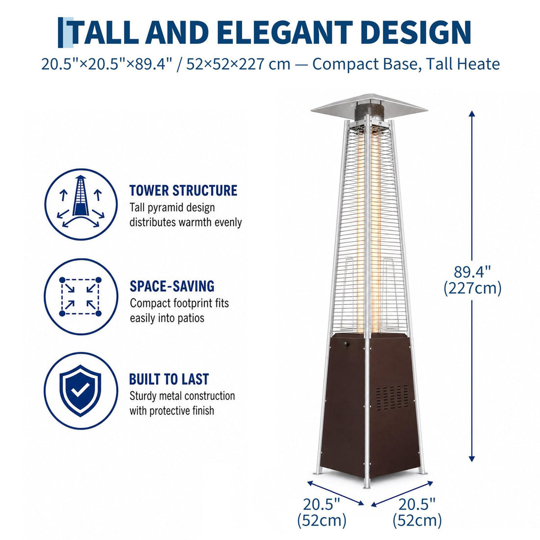 48000 BTU Pyramid Propane Freestanding Patio Heater, Glass?Tube Flame Tower with Wheels, Battery Ignition, Waterproof Black Cover for Outdoor Patio Deck Garden