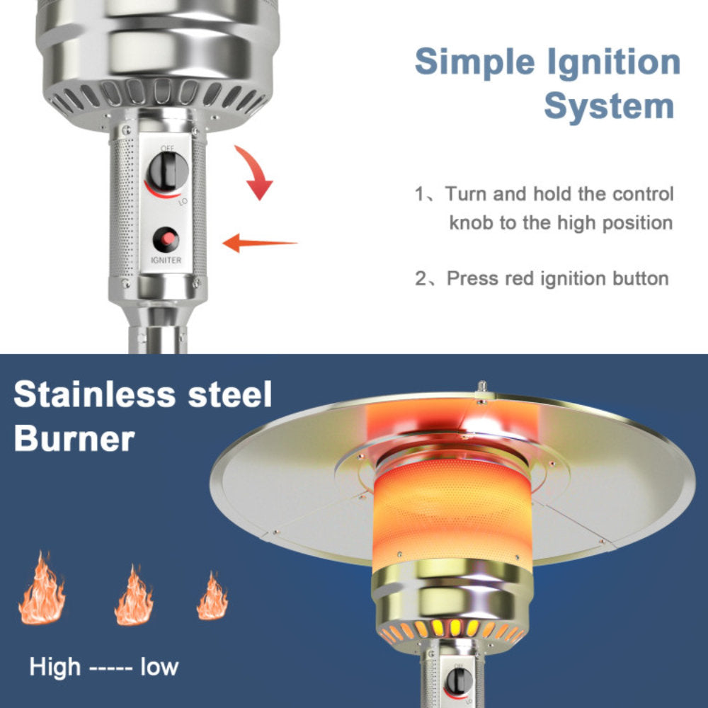 48000 BTU Stainless Steel Propane Patio Heater, Black Standing Patio Heater with Trip Over Protection