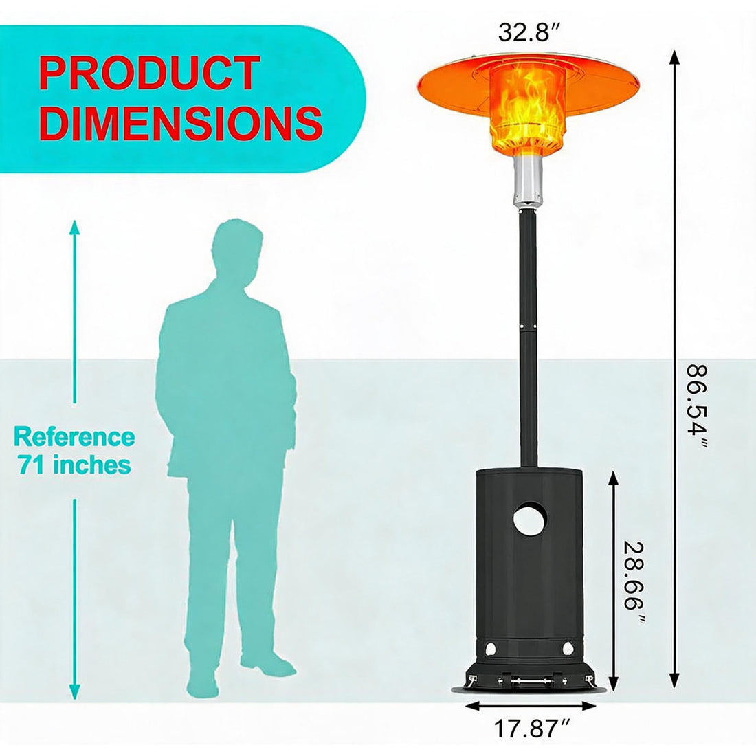 48,000 BTU Outdoor Propane Patio Heater, Tip-Over Safety Shut Off, with Wheels