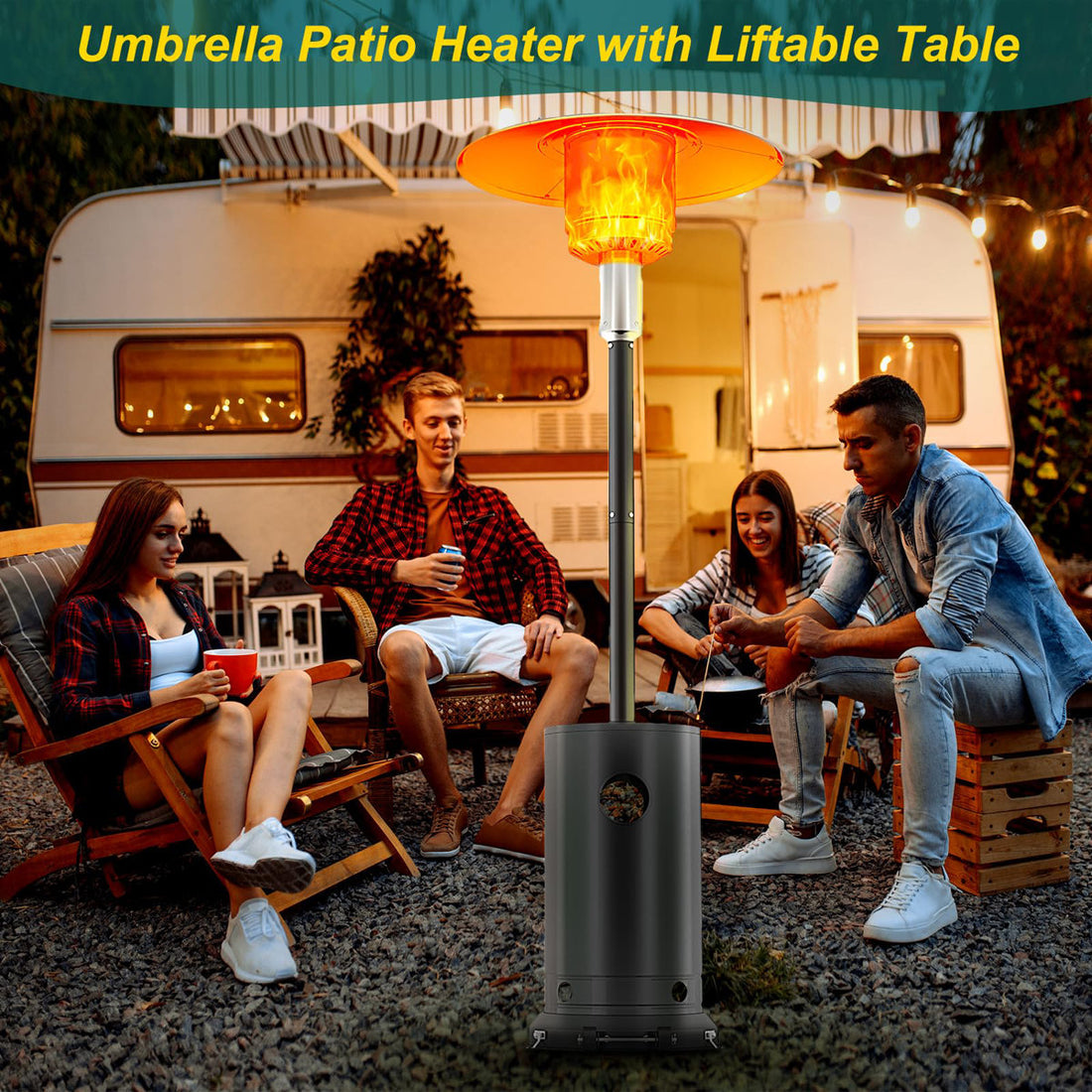 48,000 BTU Propane Patio Heater, Outdoor Gas Heater Liftable Table, Stepless Temp Control & Safety, Gray