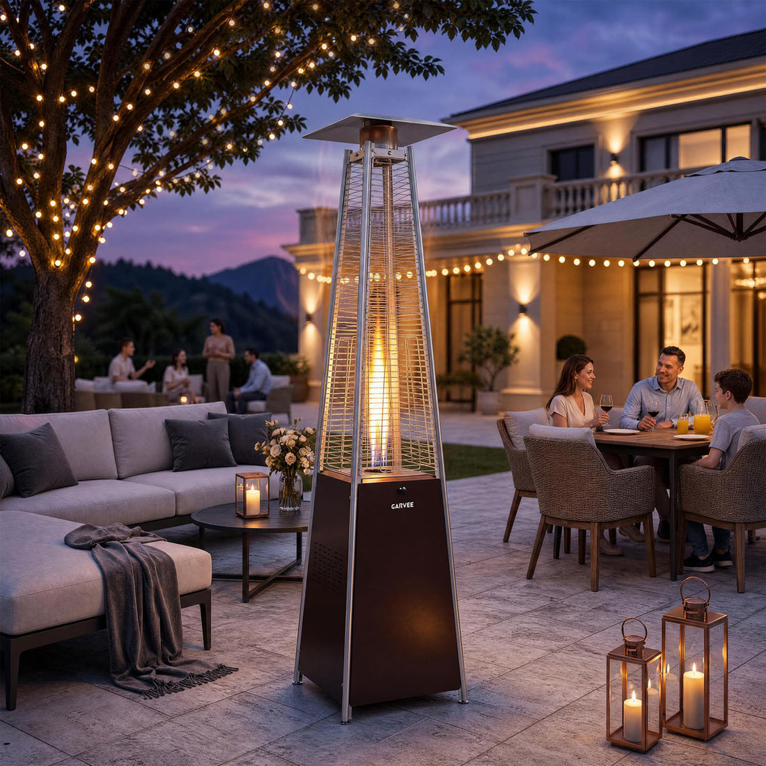 48,000 BTU Pyramid Propane Patio Heater, Glass Tube Flame Wheels, Waterproof Cover, Brown