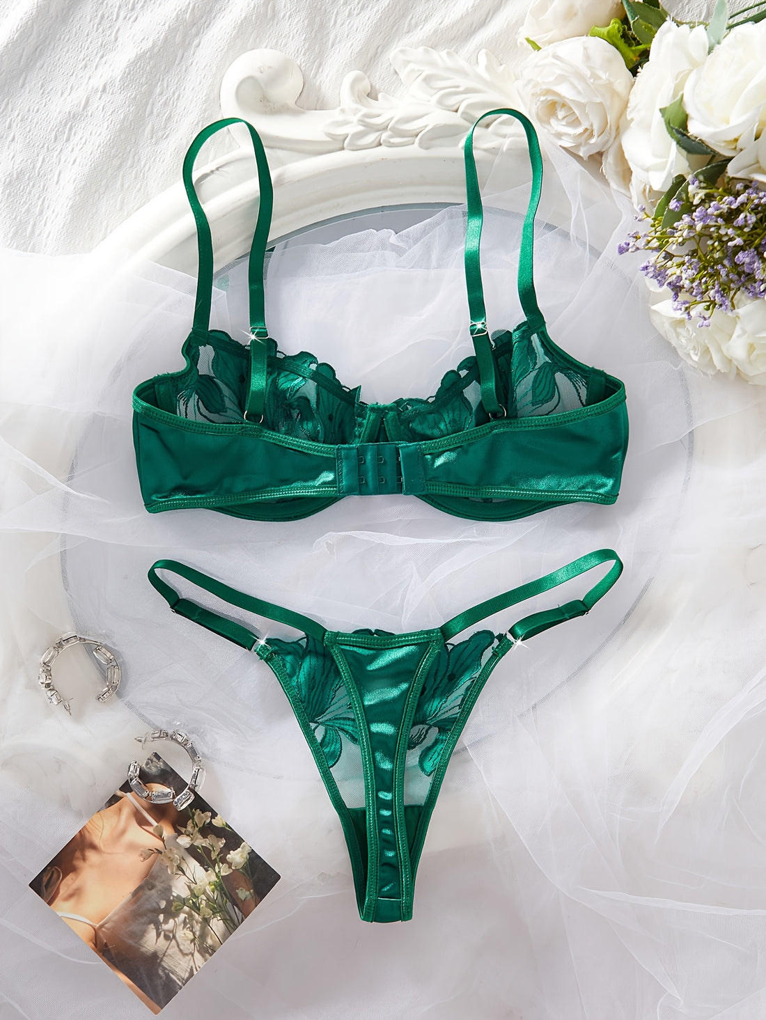 womens green floral embroidery lingerie set semi