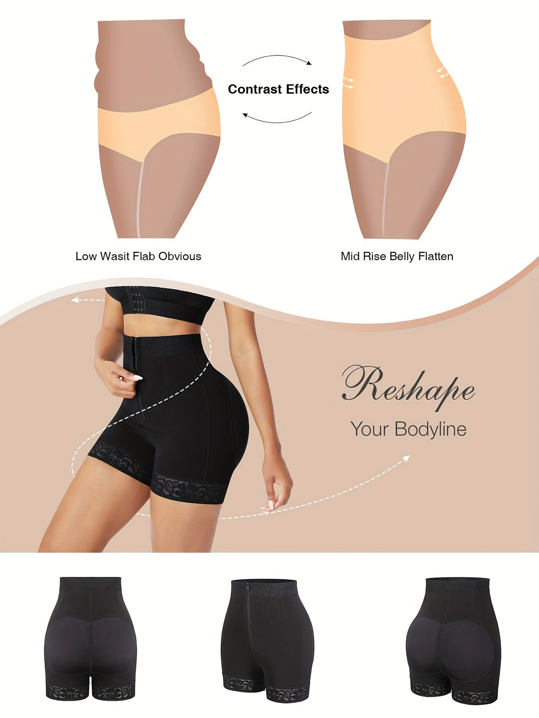 women front zipper lifter shorts high waist curve