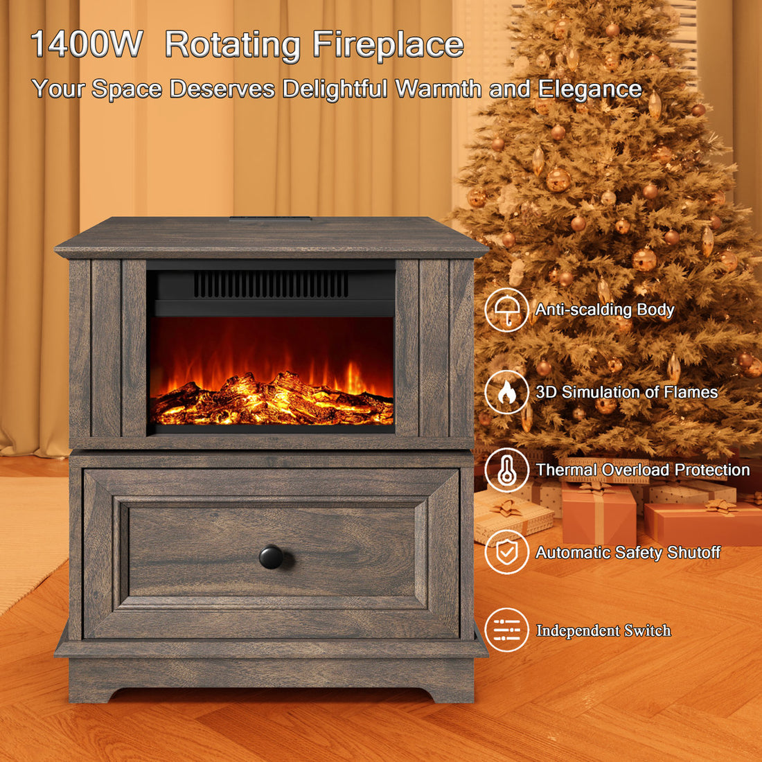 Bilbe Electric Fireplace End Table with Built-in Outlets and USB Ports, 23 Nightstand with Storage Drawer and 3D Flame Heater