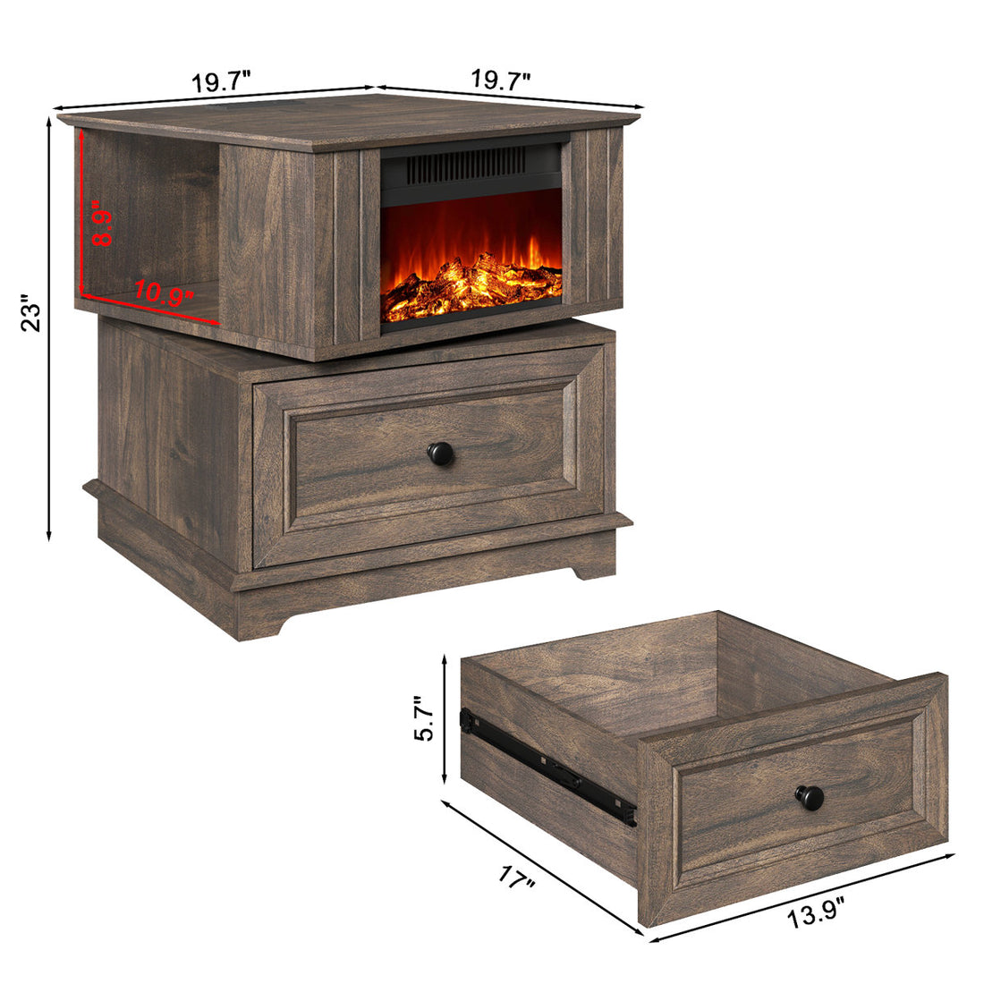 Bilbe Electric Fireplace End Table with Built-in Outlets and USB Ports, 23 Nightstand with Storage Drawer and 3D Flame Heater