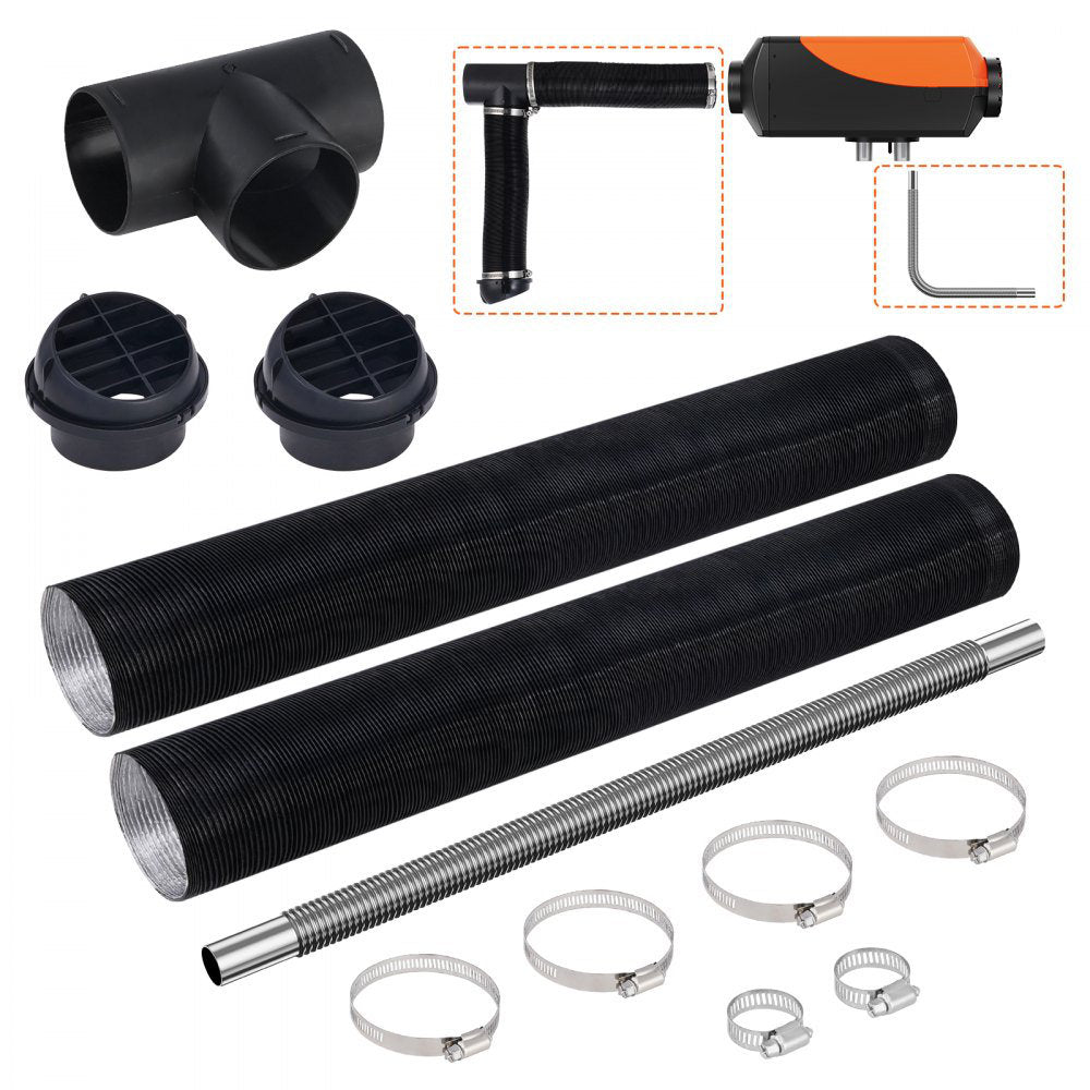 Diesel Heater Pipe Ducting Set, 3 Extendable Air Duct Hose, 1 Stainless Steel Exhaust Pipe, 2 Air Vents, Tee Air Outlet Connector and Hose Clamps, for 2KW/5KW/8KW Diesel Parking Heaters
