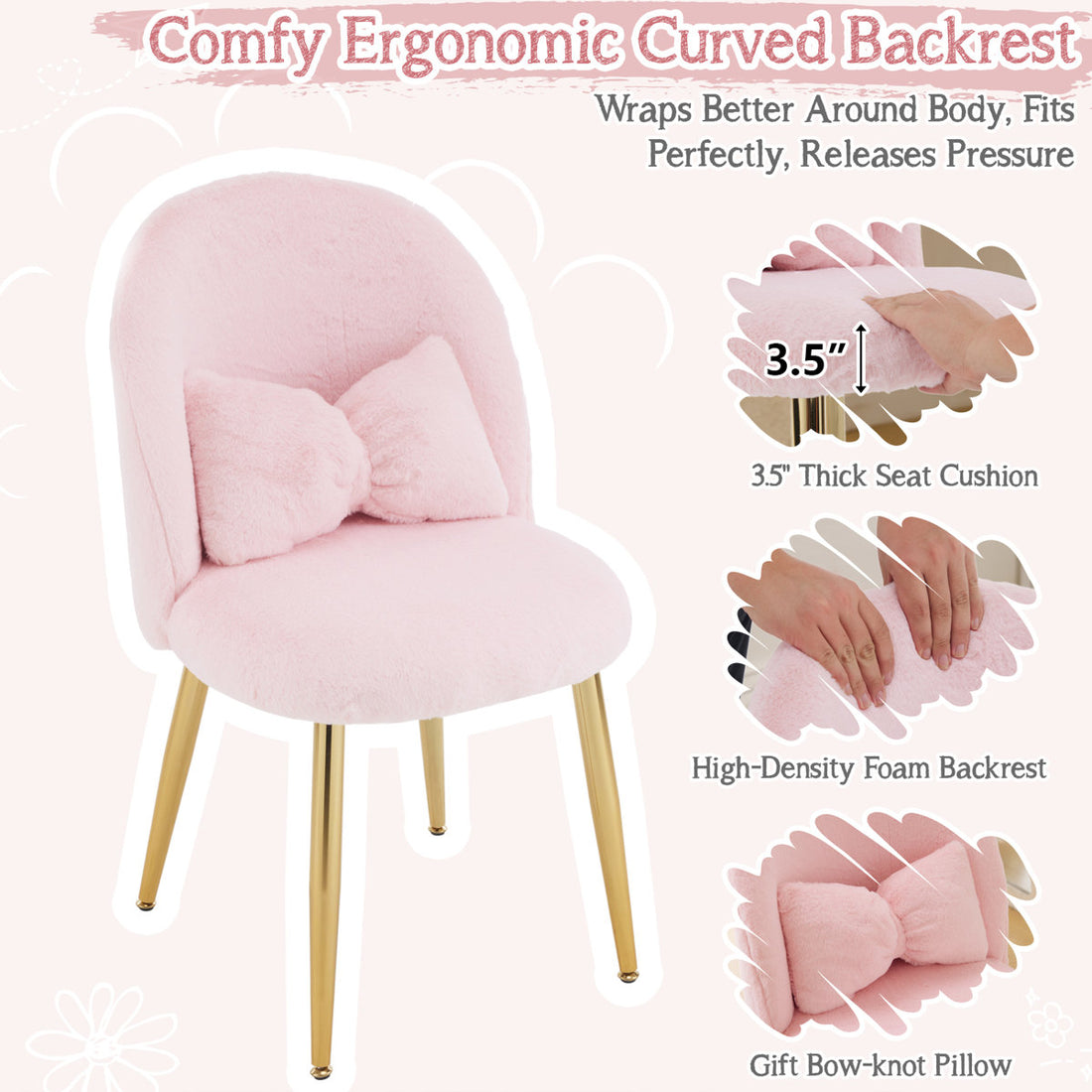 Faux Fur Vanity Chair with Pillow, with Golden Metal Legs for Bedroom Vanity Room