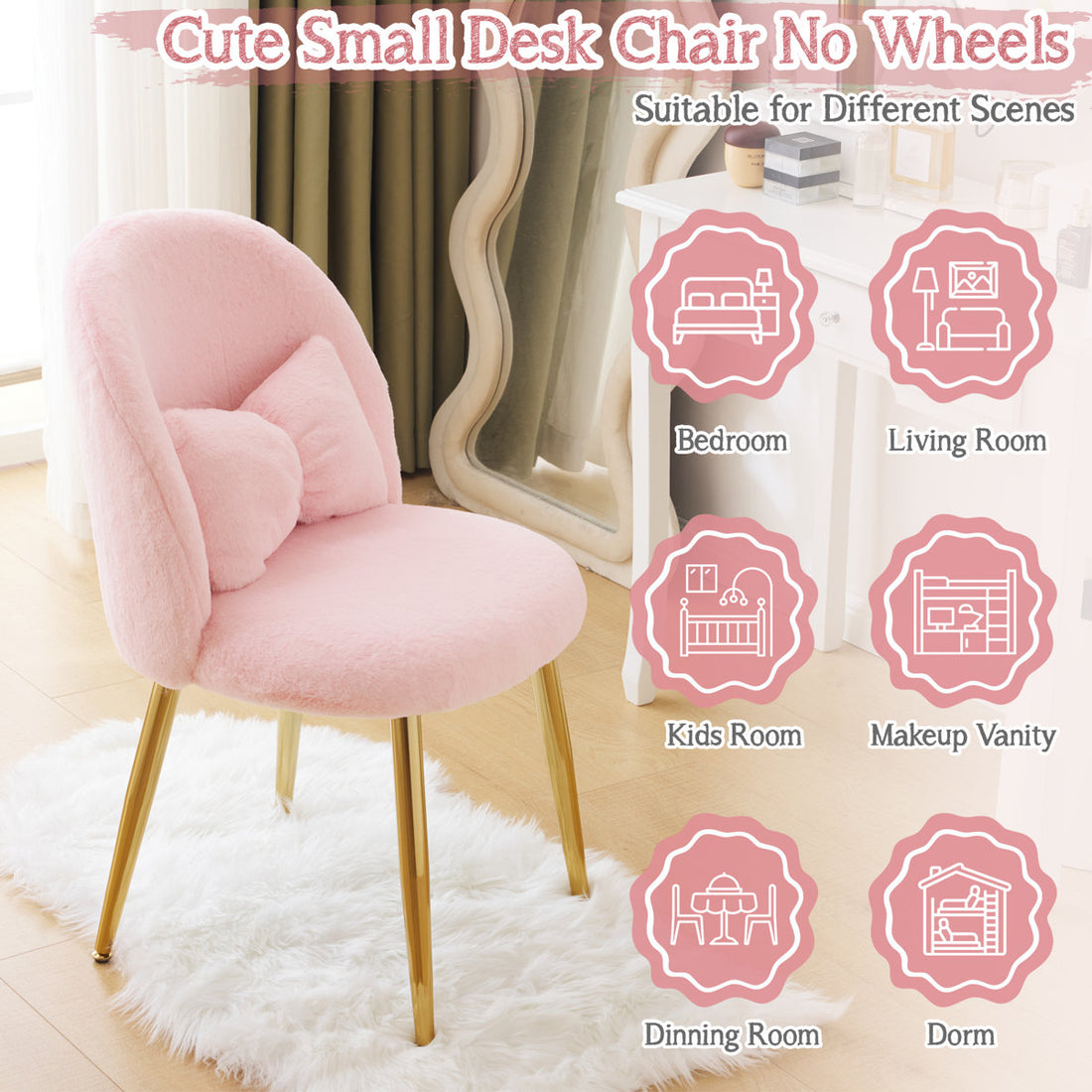 Faux Fur Vanity Chair with Pillow, with Golden Metal Legs for Bedroom Vanity Room
