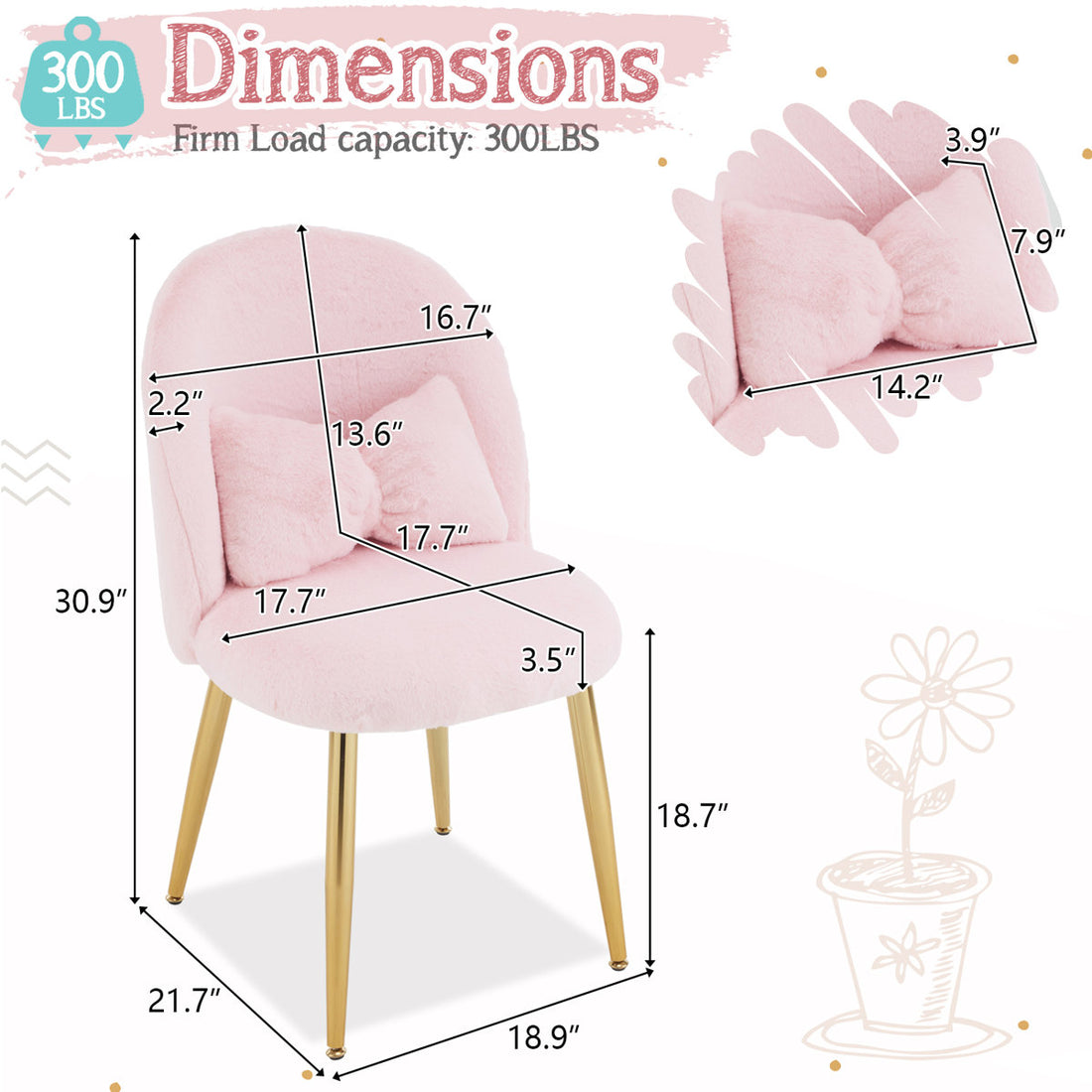 Faux Fur Vanity Chair with Pillow, with Golden Metal Legs for Bedroom Vanity Room