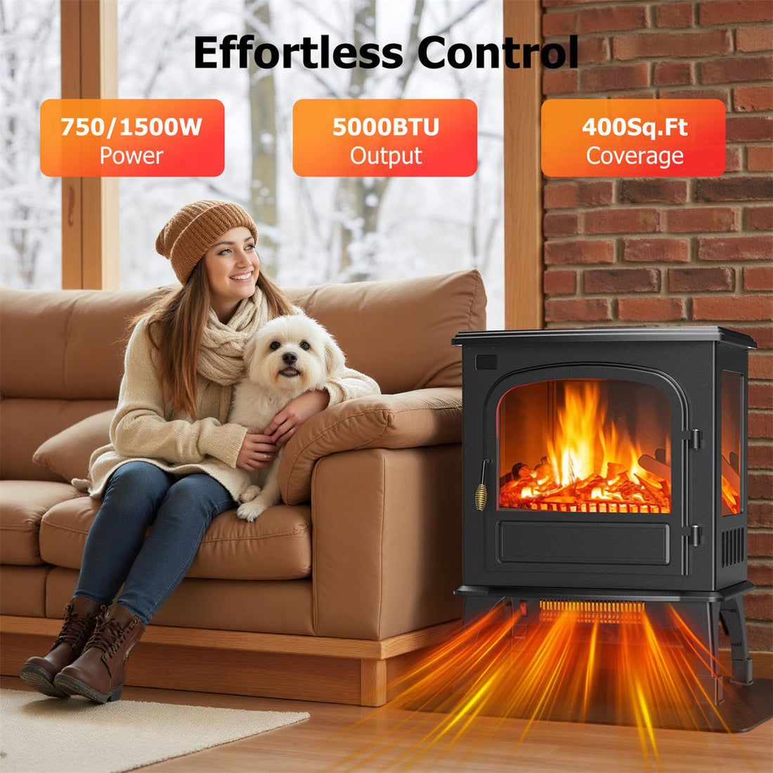 Freestanding Electric Fireplace Stove Heater With 3D Flame Effect And Remote Control