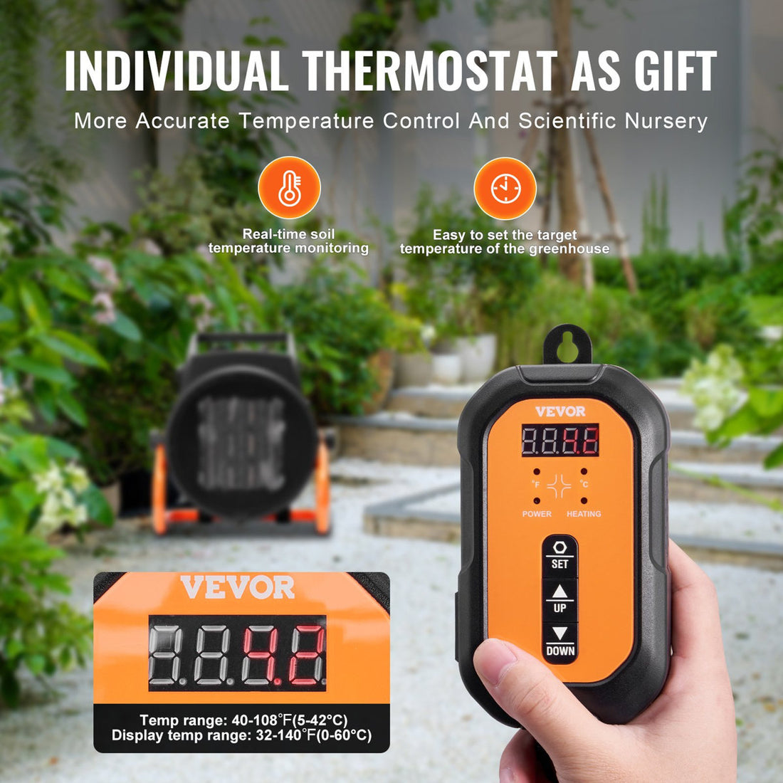 Greenhouse Heater With Thermostat, 1500W PTC Fast Heating With Overheat Protection, 3-Speed Setting Small Grow Tent Heater, Electric Portable Heater Fan For Green House, Flower Room, Workplace