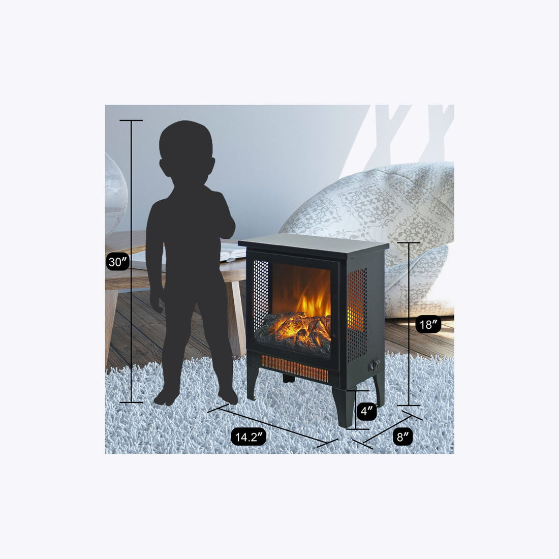 Innoflame 18 Electric Fireplace Stove, Freestanding Stove Heater with Realistic Flame, Adjustable Thermostat, Fireplace Space Heater for Small Space, 1400W