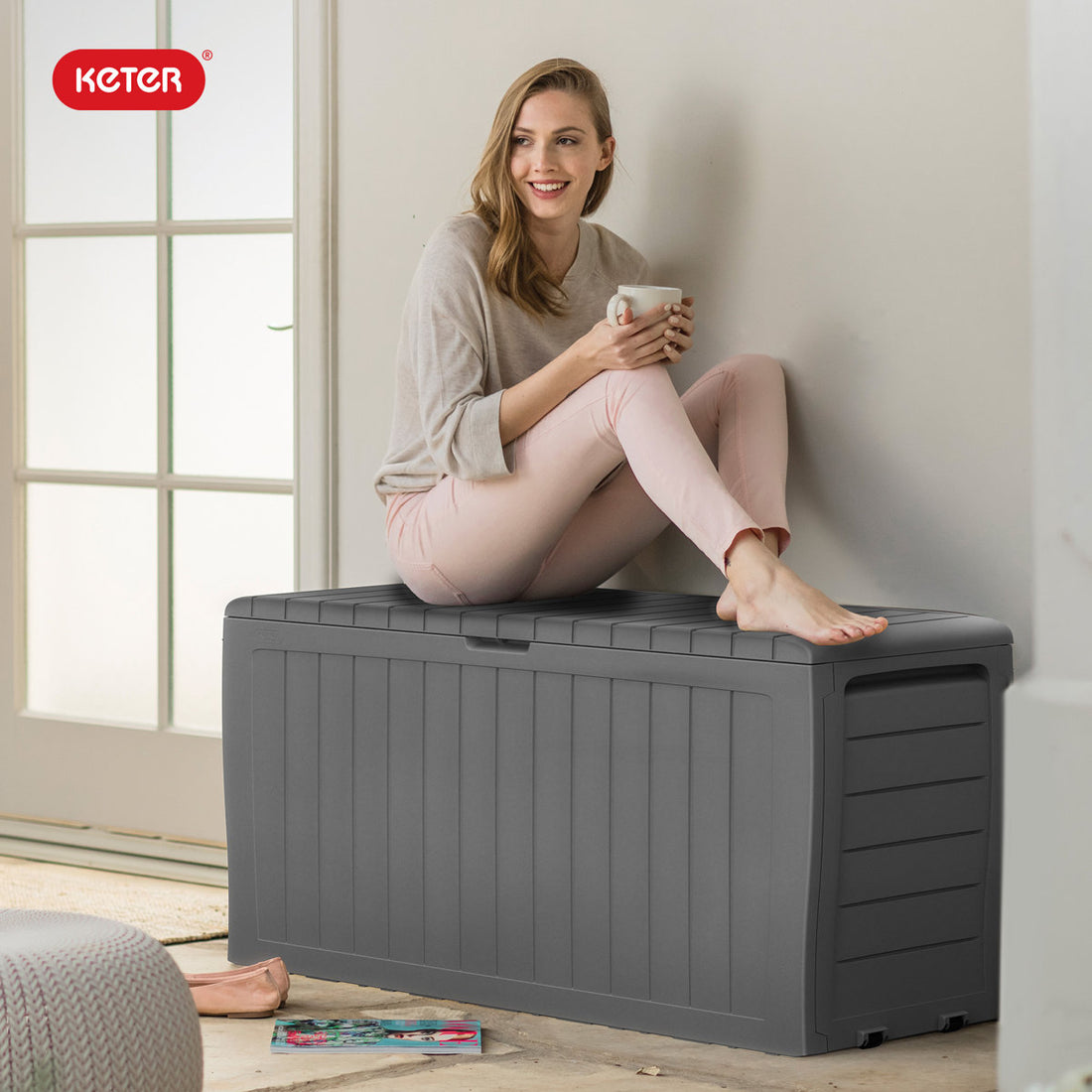Keter Marvel 71 Gallon Durable Resin Outdoor Storage and Organization Deck Box Ideal For Garden Patio Furniture and Supplies, Light Grey