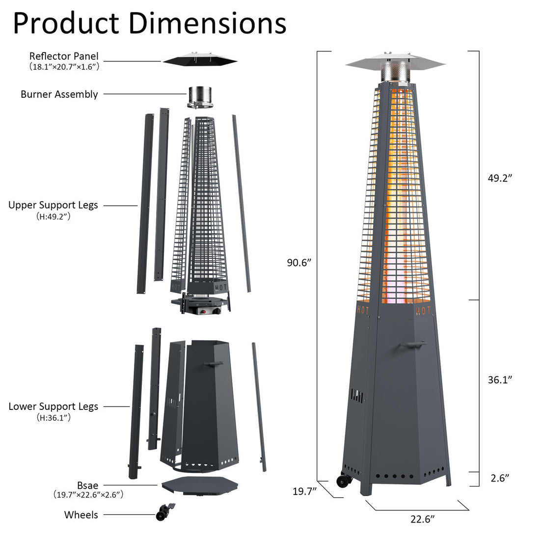 PawsomePad 48,000 BTU Stainless Steel Hexagon Pyramid Propane Patio Heater with Glass Tube, Cover, and Wheels