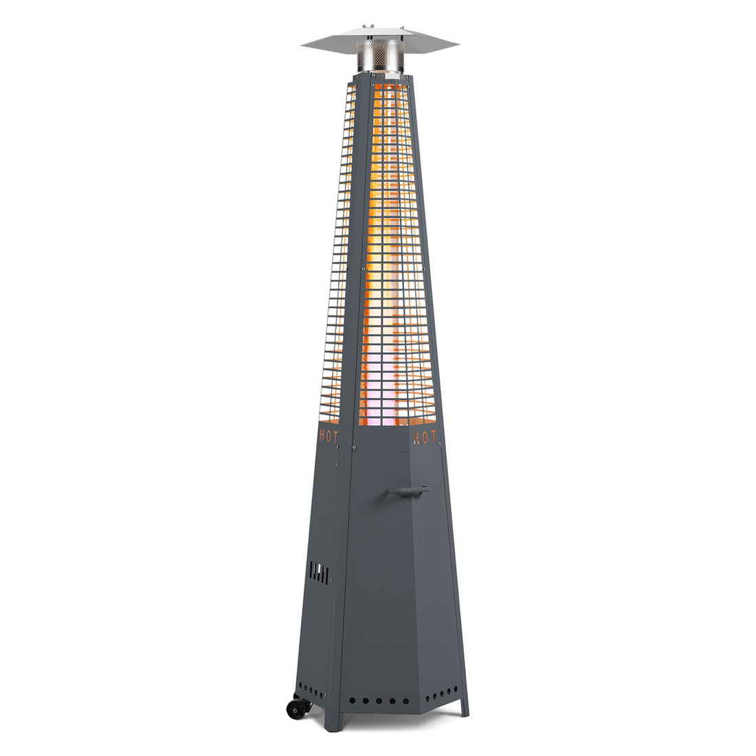 PawsomePad 48,000 BTU Stainless Steel Hexagon Pyramid Propane Patio Heater with Glass Tube, Cover, and Wheels