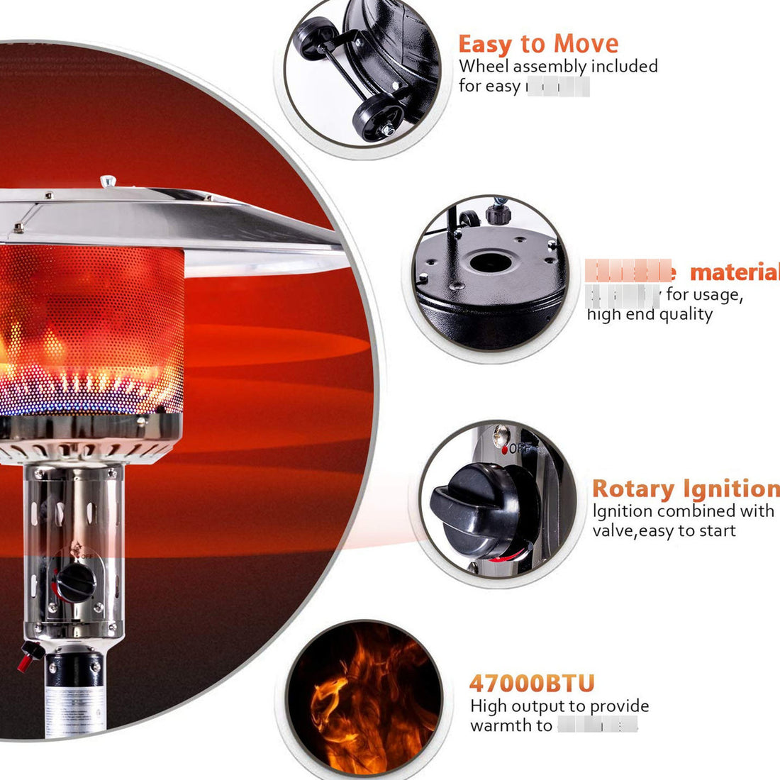 Portable Outdoor Patio Propane Heater 47,000 , 88 Inch Standing Gas With Wheels, Stainless Steel Burner, For Restaurant - Black Outside Party, Garden