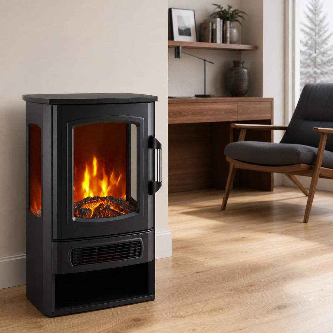 Three-Sided Freestanding Electric Fireplace with Remote, 2-Speed 750W/1500W Heater, Thermostat & 7.5H Timer, Adjustable Flame, Iron Glass Construction for Home Heating