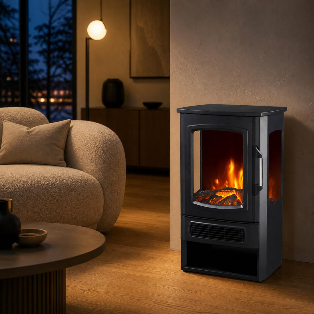 Three-Sided Freestanding Electric Fireplace with Remote, 2-Speed 750W/1500W Heater, Thermostat & 7.5H Timer, Adjustable Flame, Iron Glass Construction for Home Heating