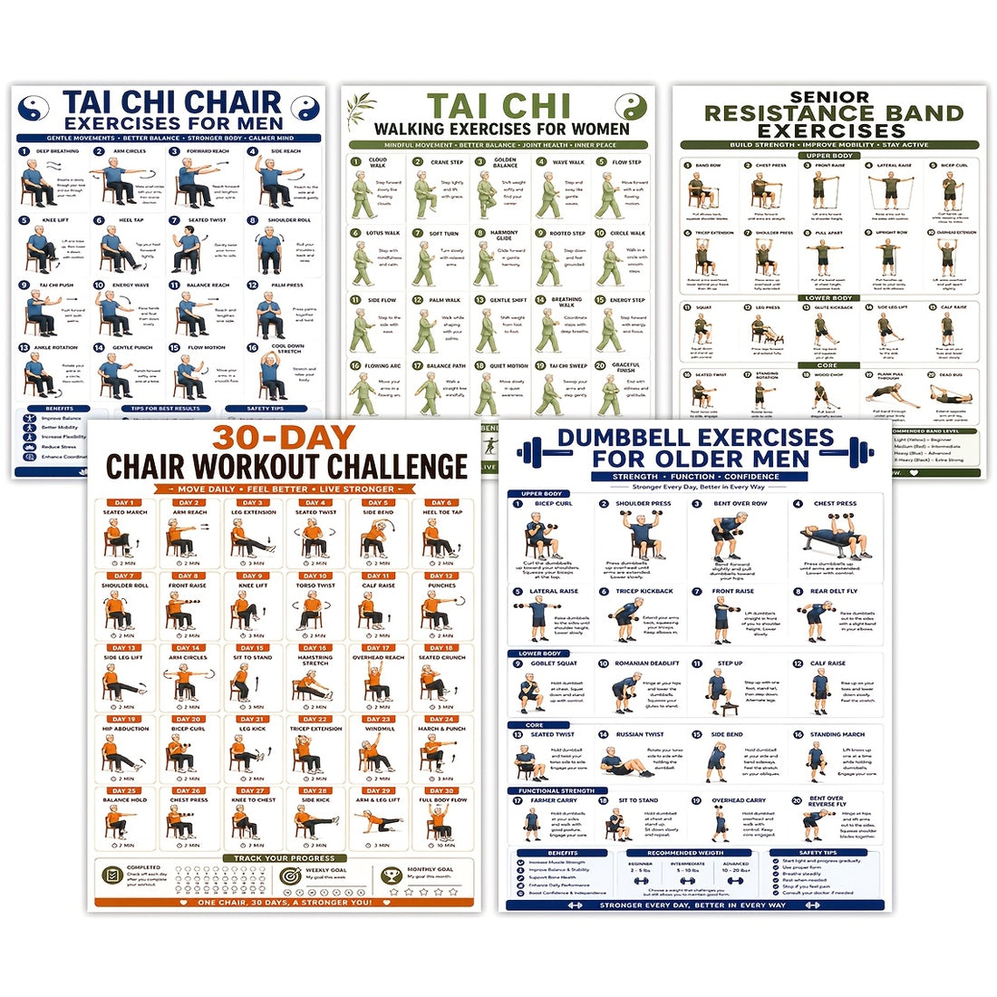 5 workout posters 8x10 exercises tai