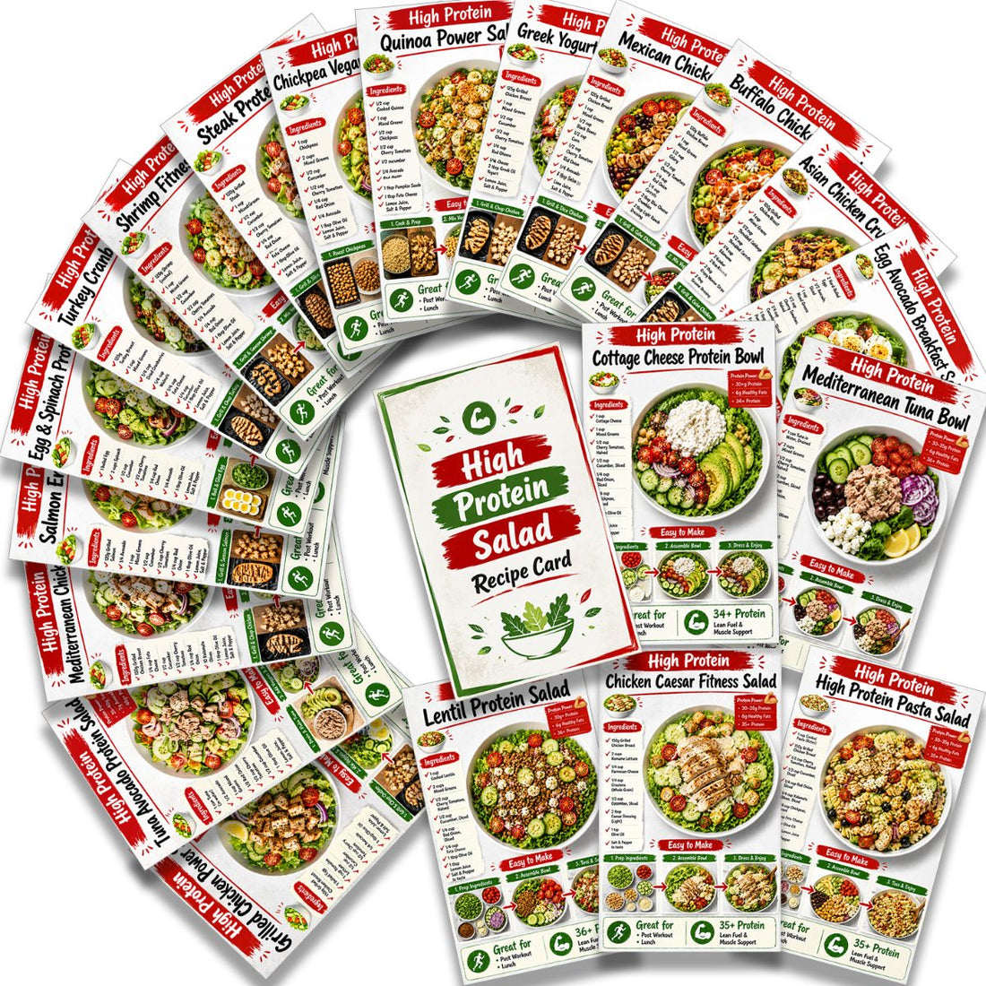 set high protein salad recipe cards prep guide