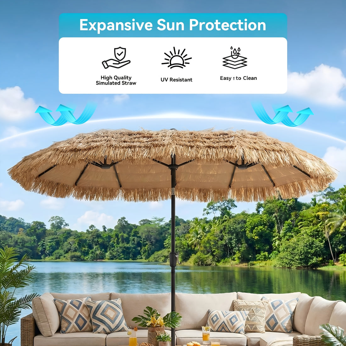 13ft triple head thatch patio umbrella