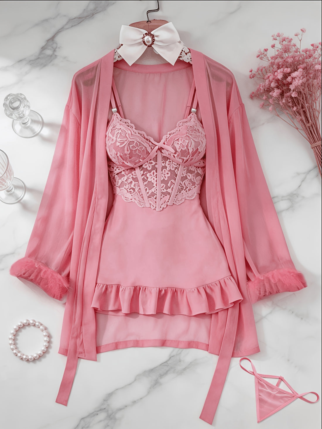 womens 3pcs sheer lace set robe panty see