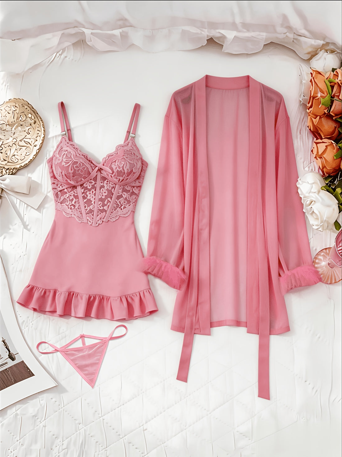 womens 3pcs sheer lace set robe panty see