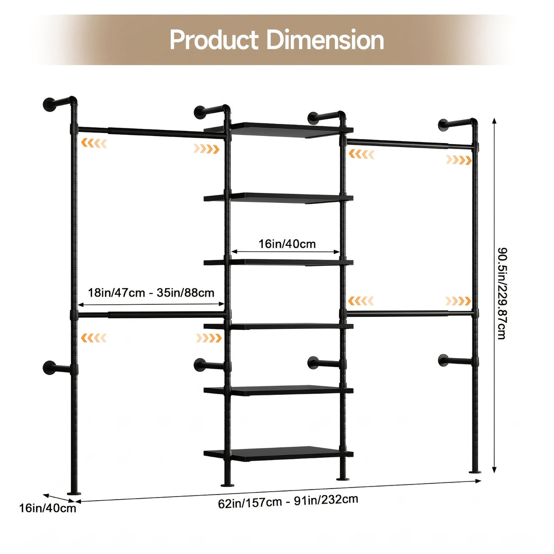 wall-mounted bedroom wardrobe, retro industrial style duct clothing rack with 6 wooden shelves and 4 . bedroom furniture wardrobe storage - furniture