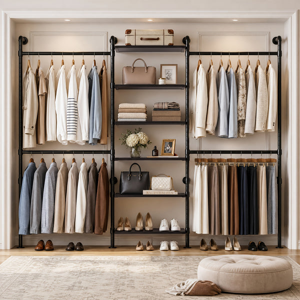 wall-mounted bedroom wardrobe, retro industrial style duct clothing rack with 6 wooden shelves and 4 . bedroom furniture wardrobe storage - furniture