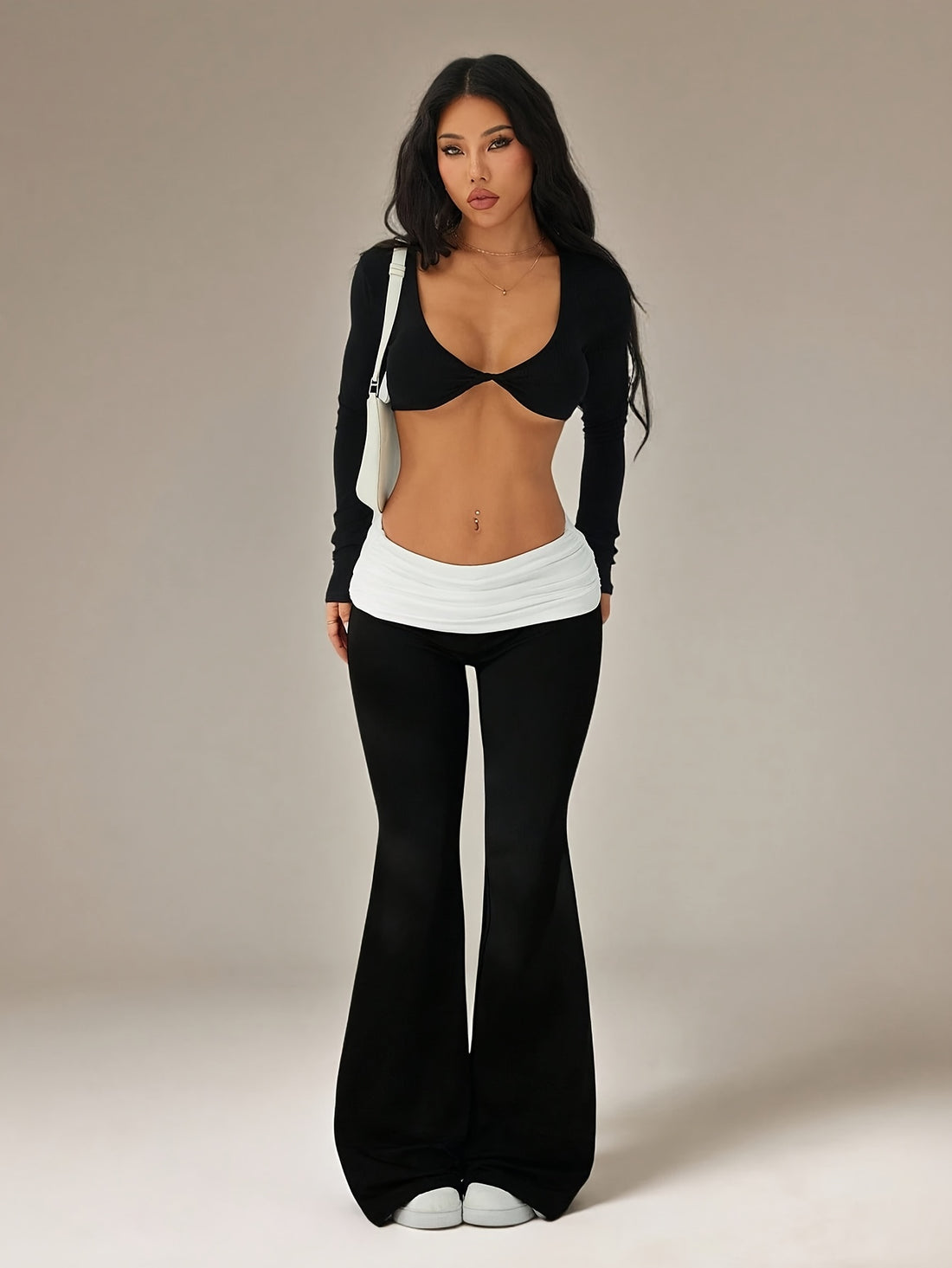 womens casual flared trousers color waistband