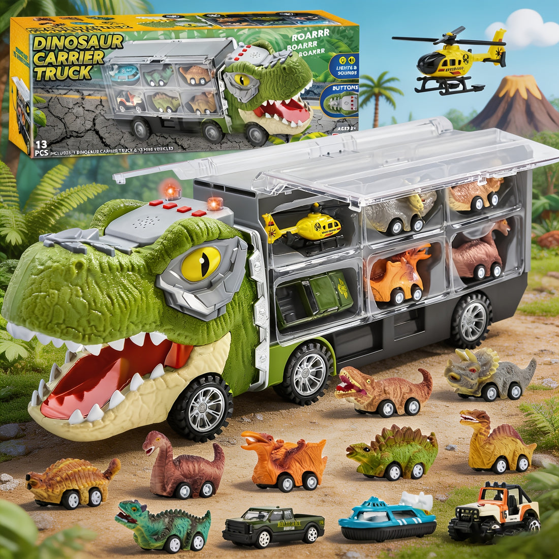 13 packs dinosaur truck toys kids transport