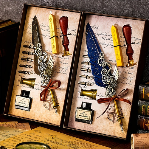 1 set feathers vintage mechanical gear pen wax print brass