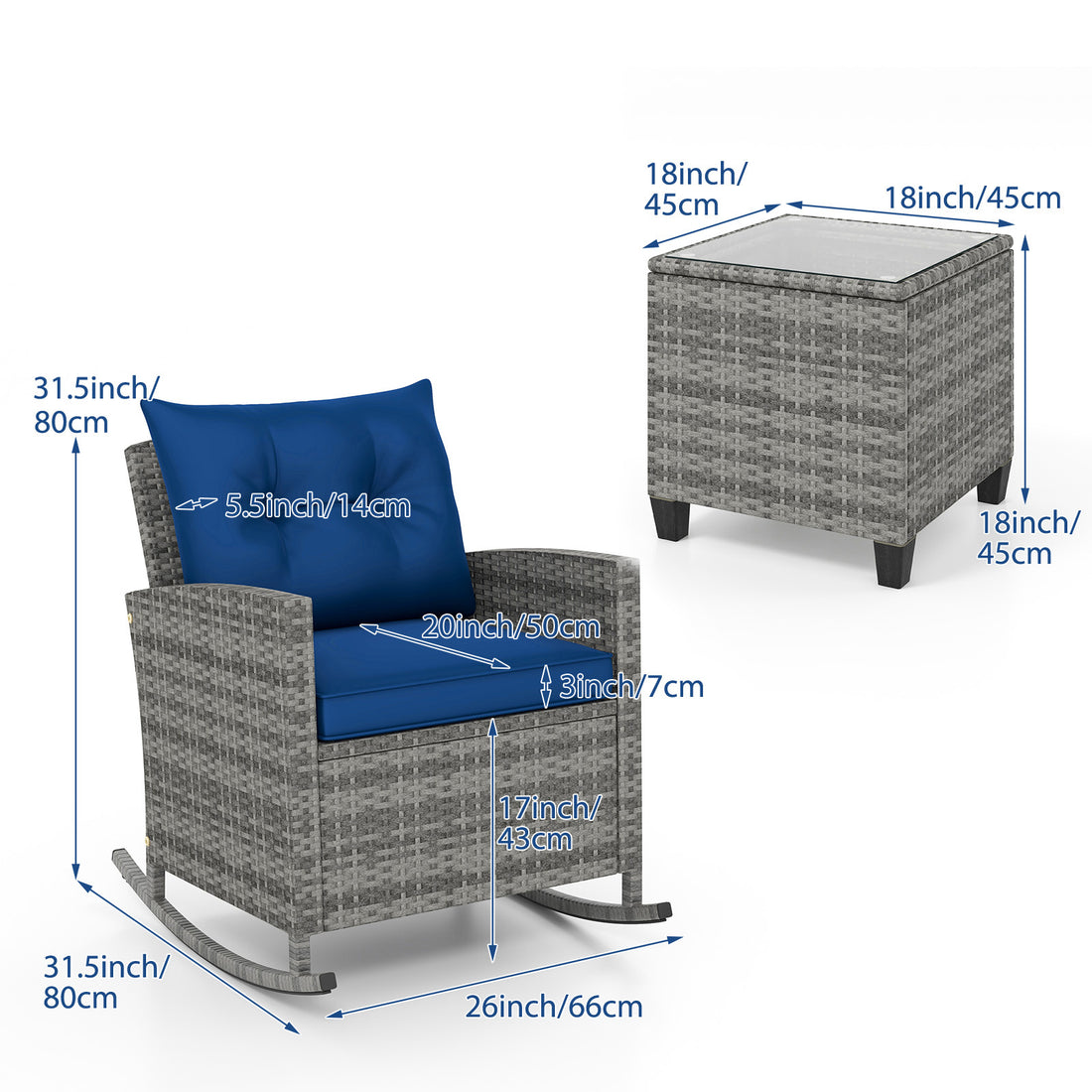 3pcs outdoor rocking chair set rattan wicker patio