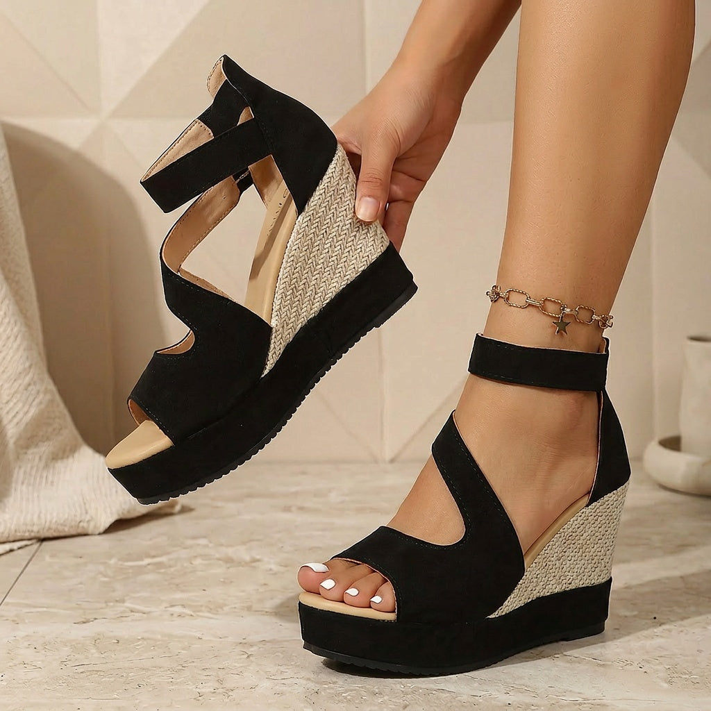 womens black thick sole wedge sandals open toe zipper