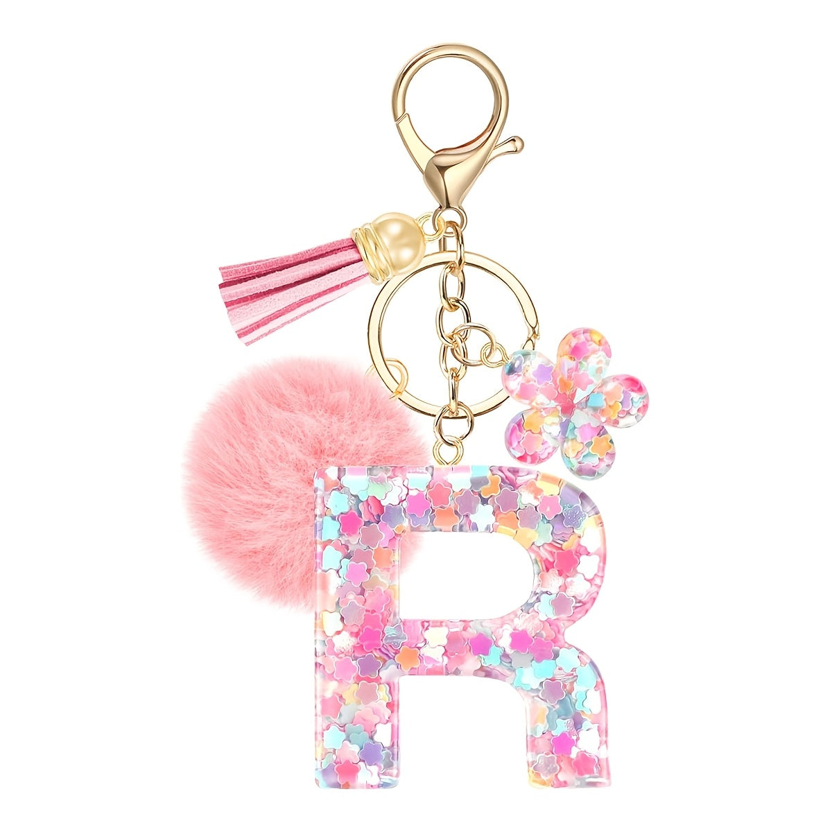 ladies initial keychain cute pink flower resin letter